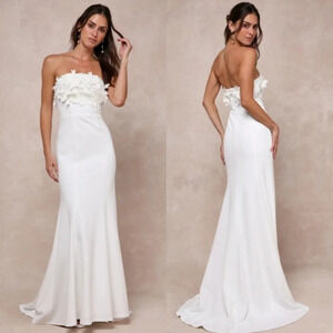 Lulu's Love Garden Ivory 3D Floral Embroidered Strapless Maxi Dress Wedding